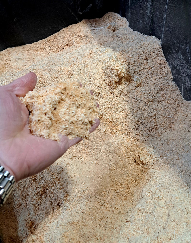 Puede incluir: Primer plano de una mano que sostiene un pu&ntilde;ado de virutas de madera de color marr&oacute;n claro, con una textura &aacute;spera. Las virutas est&aacute;n en un gran recipiente negro, lleno de m&aacute;s virutas.