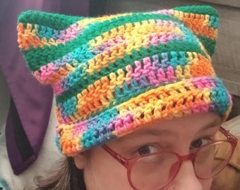 Gorro con orejas de gato de rayas multicolores y verde Kelly, Campo de flores, talla única