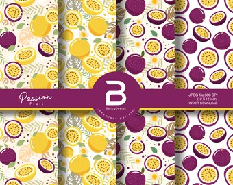 May include: A set of three seamless pattern designs featuring passion fruit, orange, and white flowers. The patterns are on a white background and are perfect for use in digital or printed projects.