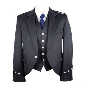 May include: A black formal jacket, waistcoat, and white collared shirt. The jacket features silver square buttons and decorative details on the cuffs. A blue tie is included. The jacket is tailored with a classic fit. The jacket's length is approximately 76 cm.