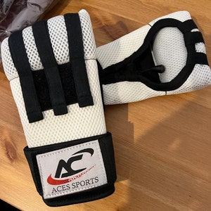 May include: A pair of white and black boxing hand wraps with a black strap and the logo "ACES SPORTS" in red and white.