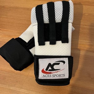 May include: White boxing hand wraps with black straps and mesh fabric. The wraps have a black patch with the logo "ACES SPORTS" in white text.