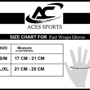 May include: Size chart for Fast Wraps Gloves, showing hand measurements in centimeters for small/medium and large/extra large sizes.