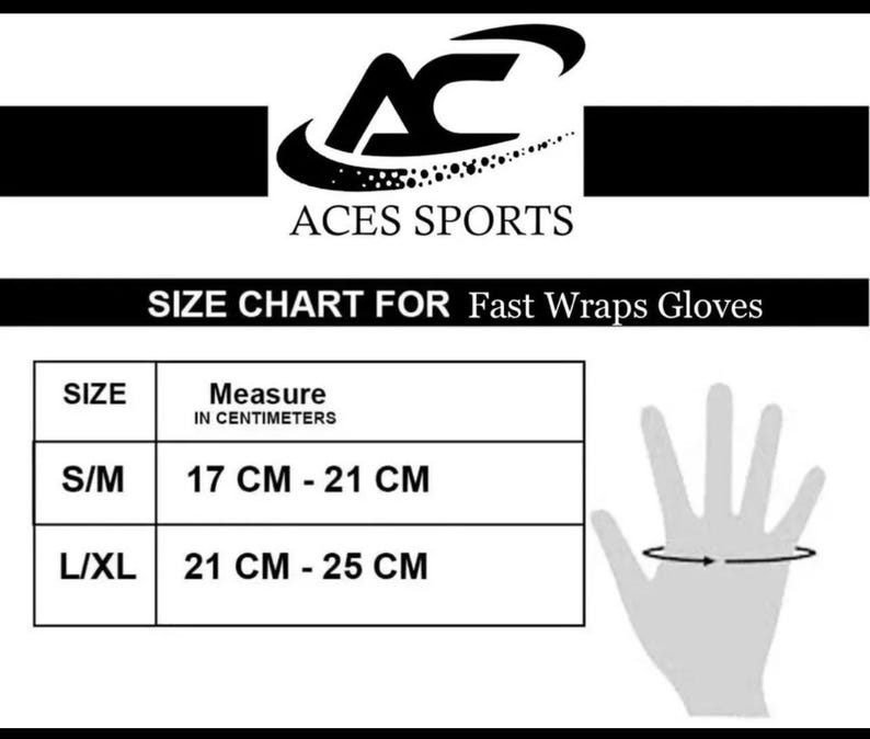 May include: Size chart for Fast Wraps Gloves, showing hand measurements in centimeters for small/medium and large/extra large sizes.