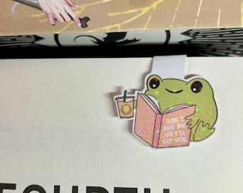 Magnetic bookmark Mini cute bookish reading frog "don't bug me or I'll eat you" holographic laminate, sparkly bookmark, bookish gift, reads