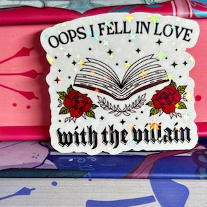 Mini oops ich verliebte in den Bösewicht holografische Laminat buchstabe aufkleber, die cut, funkelnde Aufkleber, kindle, e-reader, bookish Aufkleber