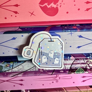 Mini cute ghostea teabag holographic laminate sticker, die cut, halloween, spooky season, cosy stickers, cute ghosts, sparkly stickers, holo