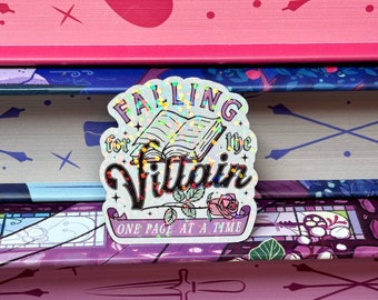 Mini falling for the villain one one page at a time holographic laminate bookish sticker, die cut, holo, sparkly sticker, kindle, book gift