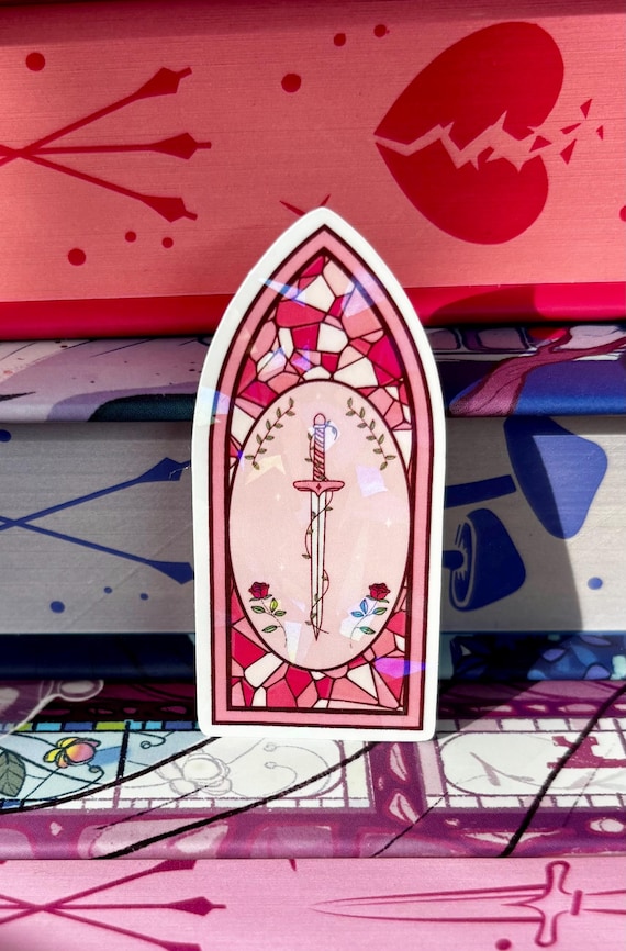 Mini pink stained glass fantasy window holographic laminate bookish sticker, holo, die cut, sparkly stickers, kindle, e-reader, bookish gift
