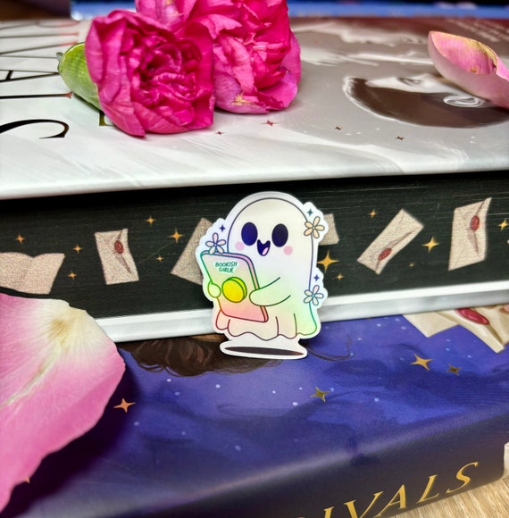 Mini bookish girlie kindle ghost holographic laminate bookish sticker, die cut, kindle girlie, cute ghost reading, kindle sticker, spooky