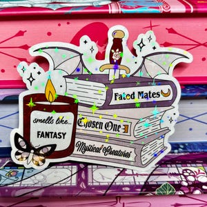 ファンタジーの本のスタックのような香りのホログラフィックラミネートブックステッカー、ホロ、ダイカット、キンドル、電子書籍リーダー、キンドルステッカー、キラキラステッカー