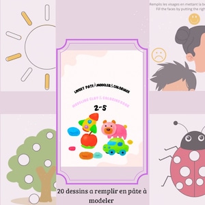 Peut inclure: Un livre de modelage et de coloriage pour enfants, intitulé "Modeling Clay & Coloring Book", pour les enfants de 2 à 5 ans. La couverture présente des figurines colorées en pâte à modeler : une fusée, un ours, une voiture et une pomme. Le texte "20 dessins a remplir en pâte à modeler" est également visible.