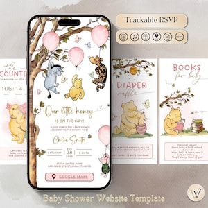 May include: A digital baby shower invitation template displayed on a smartphone screen, featuring watercolor illustrations of Winnie the Pooh characters, pink balloons, and text including Our little honey is on the way, Chloe Smith, and event details.