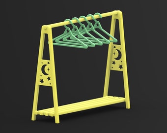 Digital Moon And Stars Small Size Cookie Doll Clothes Rack & Hangers Download STL File for 3D Printing 7.7" x 6" x 2"