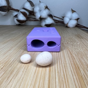 Pode incluir: Um molde de plástico roxo com duas aberturas ovais. Dois ovos de cerâmica branca estão na frente do molde.