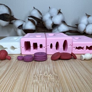 Könnte beinhalten: Vier rosa und weiße Silikonformen zum Herstellen von Schmuck aus Polymer Clay. Die Formen sind offen und zeigen die verschiedenen Formen, die sie erstellen können. Neben den Formen befinden sich auch Muster der fertigen Tonstücke.