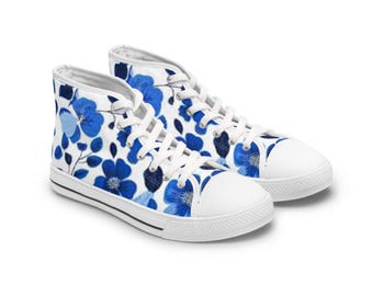Blue Watercolor Floral High Top Sneakers | Hand-Painted Flower Pattern