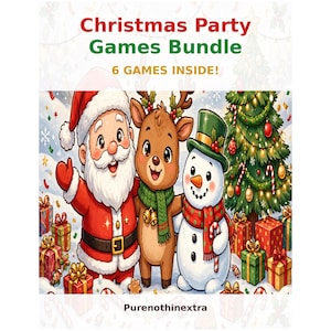 May include: A Christmas Party Games Bundle featuring Santa Claus, a reindeer, and a snowman standing in front of a decorated Christmas tree with wrapped gifts. The text reads Christmas Party Games Bundle, 6 GAMES INSIDE!, and Purenothinextra.