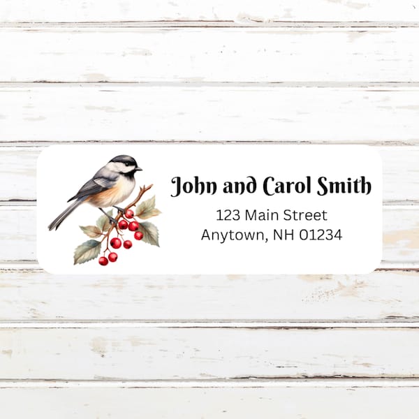 Chickadee with Red Berries Personalized Return Address Labels, Watercolor, Return Address Stickers, Sets of 30