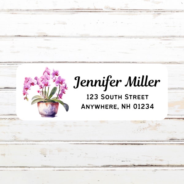 Pink Orchid in Pot, Personalized Return Address Labels, Watercolor, Return Address Stickers, Customized, Sets of 30, For Mom, Bestie