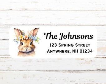Bunny with Crown of Flowers, Personalized Return Address Labels, Watercolor, Return Address Stickers, Customized, Sets of 30, Spring Flowers