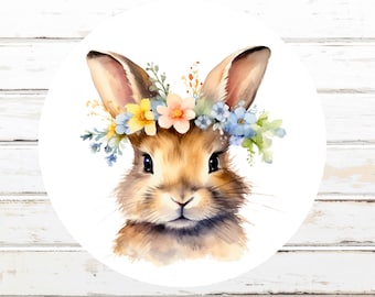 Bunny with Crown of Flowers Envelope Seals, Set of 30, 1 1/4 inch Round Rabbit Stickers, Gift Bag Labels, Envelope Decoration, Easter Decor