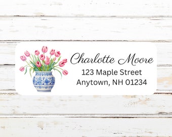 Pink Tulips in Vase, Personalized Return Address Labels, Watercolor, Mother's Day Gift, Customized, Sets of 30, Spring Flowers, Gift for Her