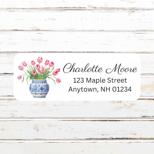 Pink Tulips in Vase, Personalized Return Address Labels, Watercolor, Mother's Day Gift, Customized, Sets of 30, Spring Flowers, Gift for Her