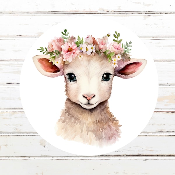Charming Lamb with Flower Crown Envelope Seals, Set of 30, 1 1/4 inch Round Lamb Stickers, Gift Bag Label, Envelope Decoration, Easter Decor