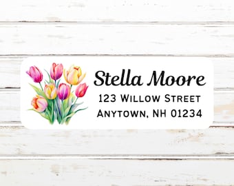 Tulips in the Garden Personalized Return Address Labels, Watercolor, Return Address Stickers, Customized, Sets of 30, Mother's Day, Spring