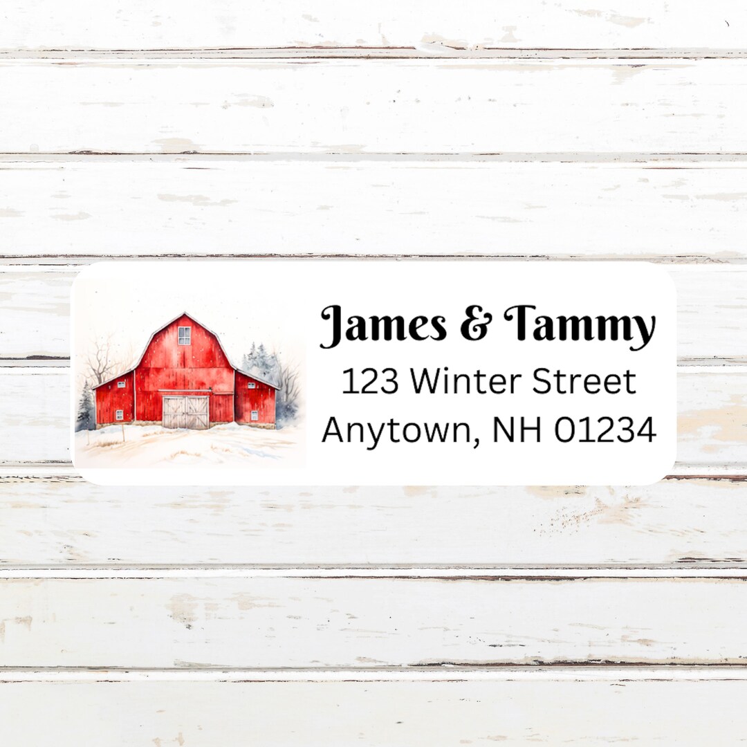 Red Barn in Winter Personalized Return Address Labels, Watercolor ...
