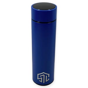 May include: A blue insulated water bottle with a black lid. The cylindrical bottle has a silver logo near the base. The bottle is approximately 10 inches tall.