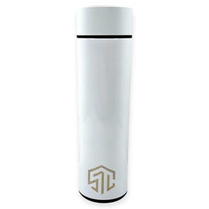 May include: A white insulated water bottle with a black band near the top and a white cap. The bottle has a geometric logo in a light brown color near the bottom. The bottle is cylindrical.