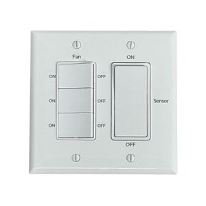 May include: White wall-mounted light switch with three toggle switches labeled "ON" and "OFF" for a fan and a single toggle switch labeled "ON" and "OFF" for a sensor.