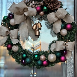 Holiday Festive Wreath with Bows and Bright Ornaments Front Door Decor  Christmas Wreath Gift for Her