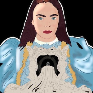 May include: A woman with long brown hair and blue eyes is wearing a light blue dress with a white collar. She is holding a white, ornate, sculpted fountain with a black basin. The fountain has a flowing water effect.