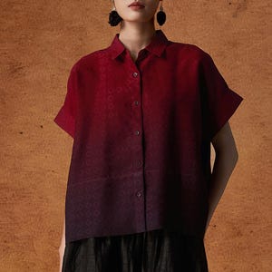 Ombre Summer Top, Breathable 100% Mulberry Silk Blouse, Naturally Dyed Hua Luo Silk, Seamless Shoulder, Loose Fit, Custom Size Made to Order