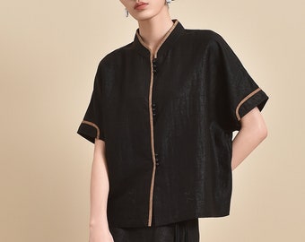 Blusa de manga corta abotonada, 100 % seda morera, con efecto tortuga agrietada, estilo informal tradicional chino sostenible y moderno.