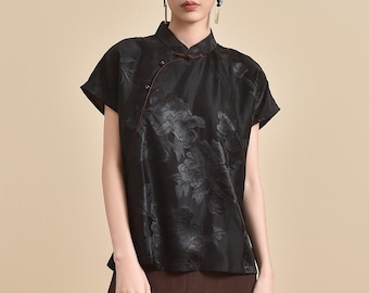 Sold Out - Available in Other Silks Only, Modernized Short Sleeve Top Mud Silk Cheongsam Style Blouse  100% Mulberry Silk