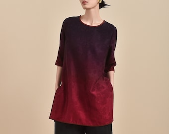 Red Cloud Gauze Ombre Tunic Top – Breathable 100% Mulberry Silk, Naturally Dyed, Perfect for Summer, Relaxed/Loose Fit, Custom to Any Sizes