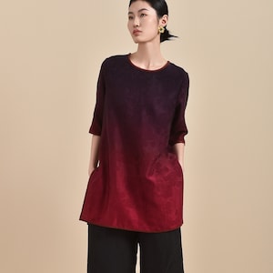 Red Cloud Gauze Ombre Tunic Top – Breathable 100% Mulberry Silk, Naturally Dyed, Perfect for Summer, Relaxed/Loose Fit, Custom to Any Sizes