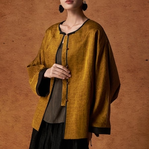 Gold Black Mud Silk Jacket, 100% Mulberry Silk Naturally Dyed, Agate Buttons, Custom Size, Choose Your Fabrics, Made to Order
