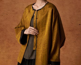 Gold Black Mud Silk Jacket, 100% Mulberry Silk Naturally Dyed, Agate Buttons, Custom Size, Choose Your Fabrics, Made to Order