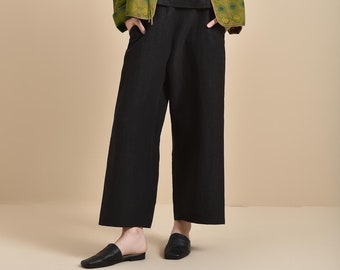 Elegante modderzijden broek met elastische taille en zakken achter, 100% moerbeizijde, natuurlijk geverfde ontspannen pasvorm, op bestelling gemaakt, op maat gemaakt