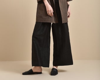 100% moerbeizijde zwarte wijde elastische broek aan de achterkant Xiangyun natuurlijke plantgeverfde modderzijde | Milieuvriendelijke mode van modderzijde | Op bestelling gemaakt