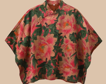 Relaxed Fit Half-Sleeves Floral Hua Luo Silk Boxy Blouse, 100% Mulberry Silk Naturally Dyed, Available in Other Silks, Made to Measure