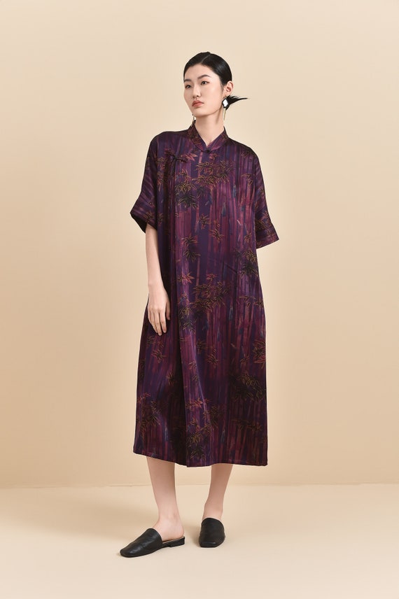 Elegant Purple 40mm Bamboo Print Mud Silk Dress, 100% Mulberry Silk Naturally Dyed, Mandarin Collar Loose Fit Customized Plus Size Available