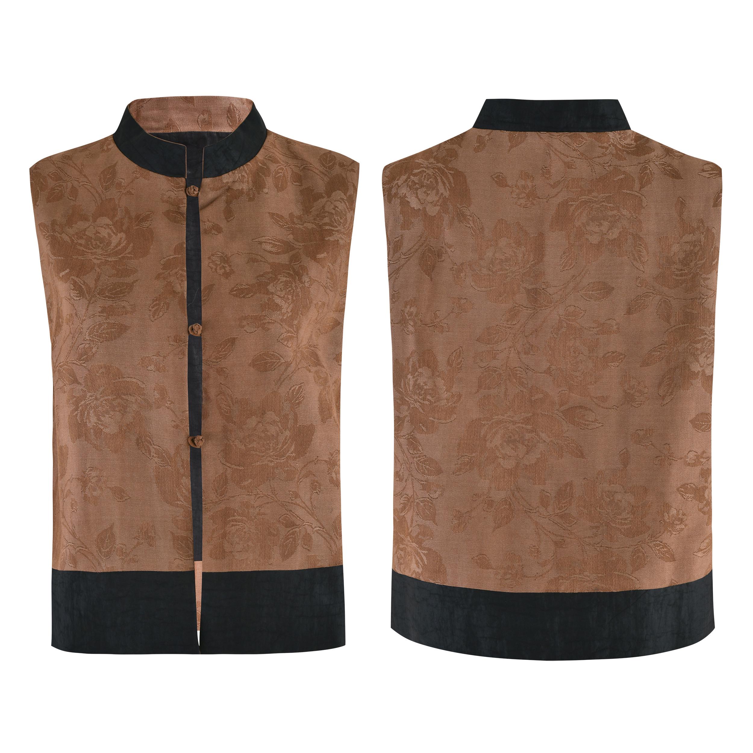 Reversible Elegant Tussah Mud Silk Floral Jacquard Vest, Black and