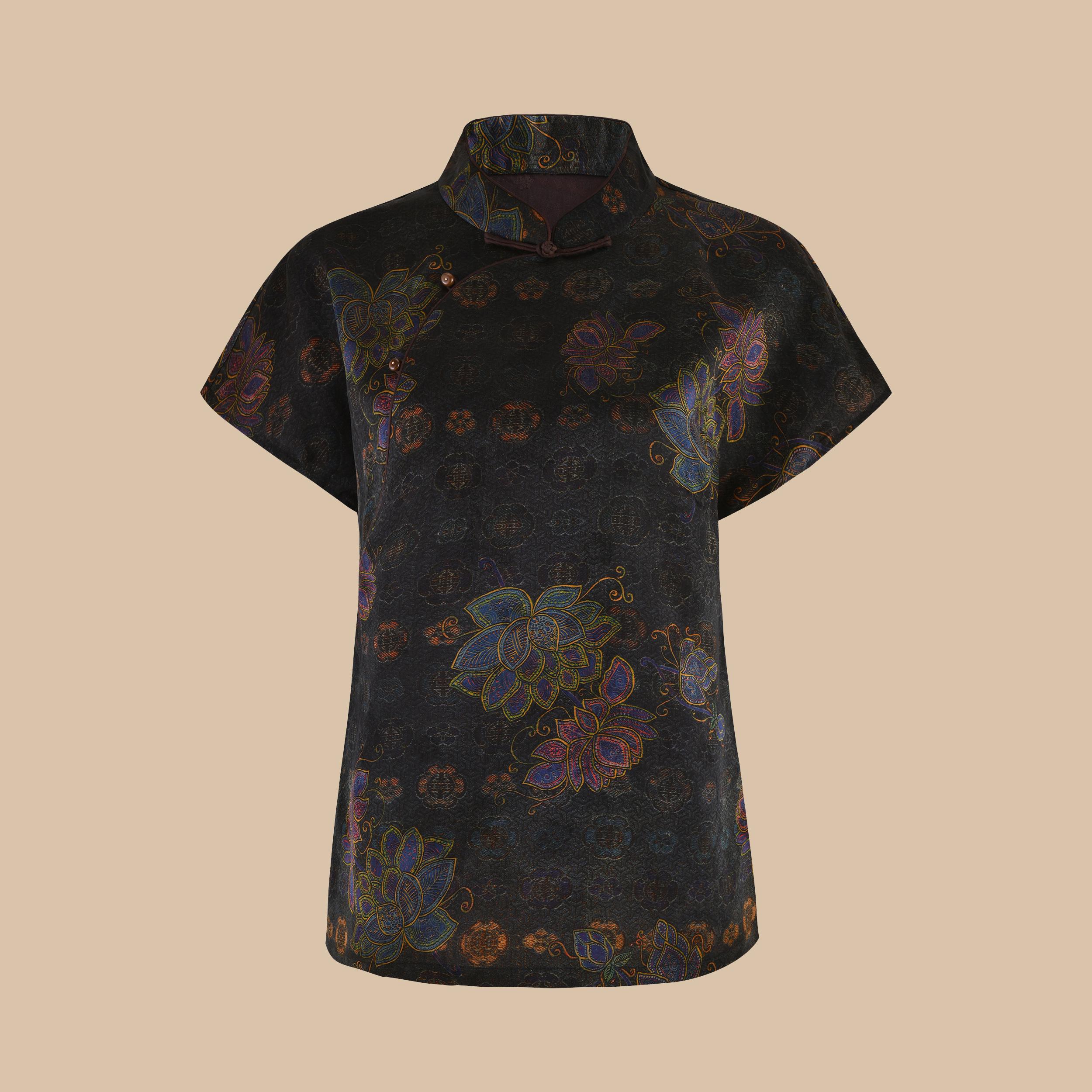 Modernized Black Floral Jacquard Mandarin Collar Short Sleeve Top Mud Silk Cheongsam Style Blouse Sustainable 100% Mulberry Silk Natural Dye