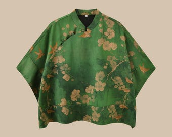 Floral Mud Silk Blouse, Half-Sleeves, Mandarin Collar, Relaxed Fit, 100% Mulberry Silk